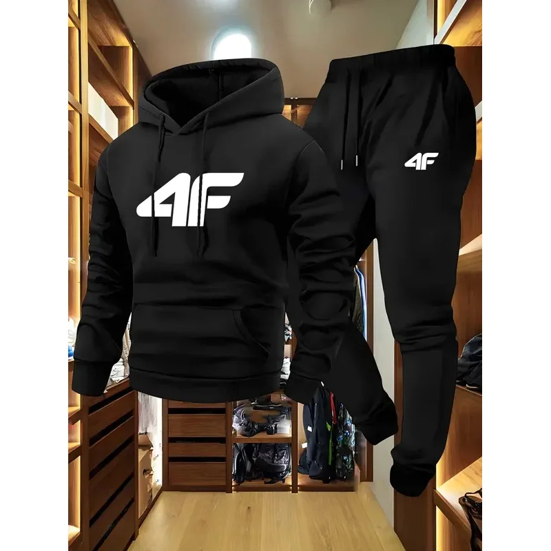 

Men'S Casual Sports Raglan Sleeve Hooded Sweatshirt Two-Piece Set 4F Print Sweatshirt Casual Versatile Trendy Hoodie Set