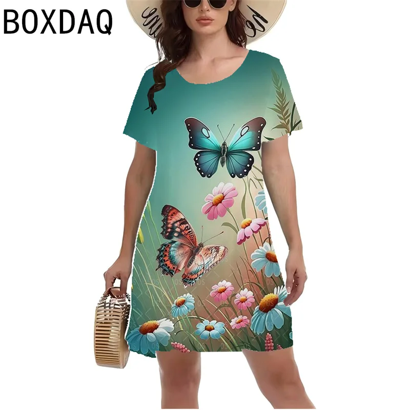 2024 New Women Casual Dress 3D Colorful Butterfly Landscape Print Mini Dress Summer Short Sleeve O-Neck A-Line Dress Vestidos