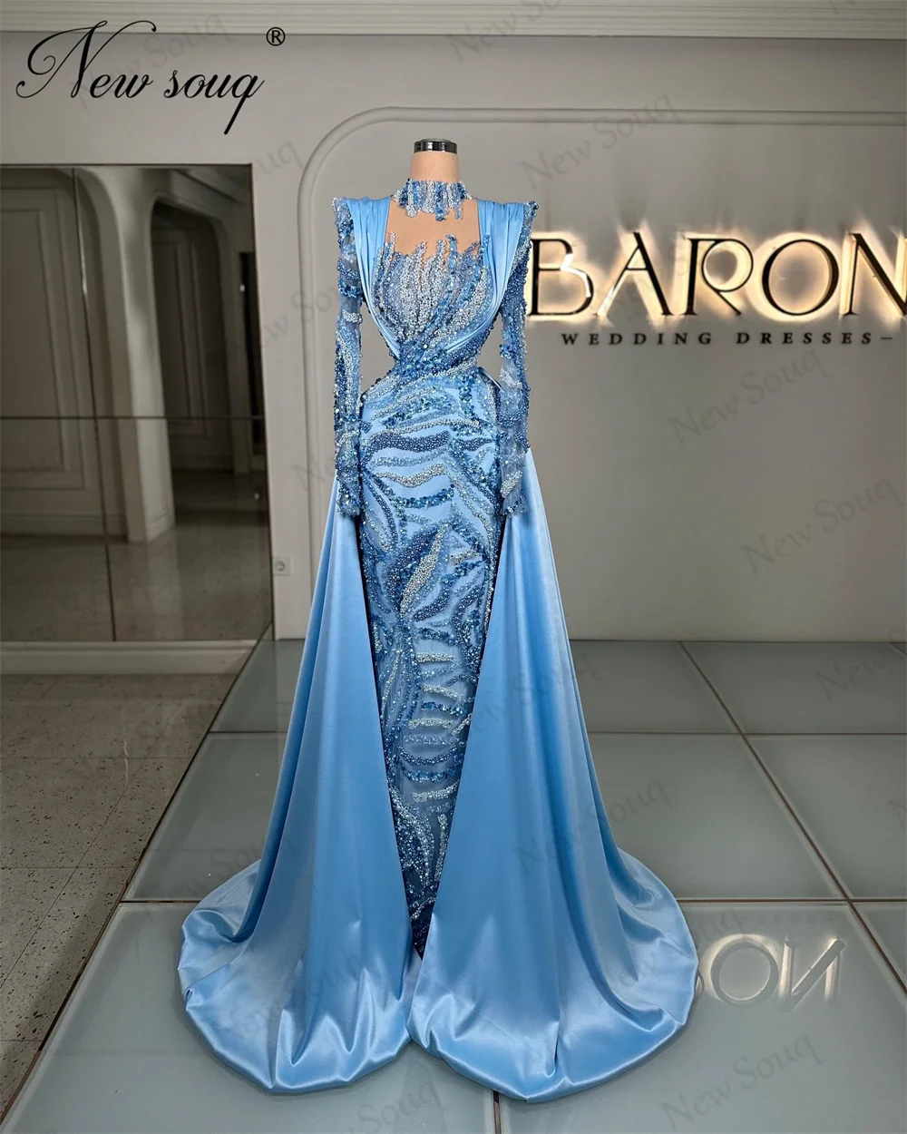 Blue Beading Mermaid Evening Dresses Elegant Crystals Long Sleeves Prom Dress Arabic Dubai Women Wedding Party Gowns Robes 2024