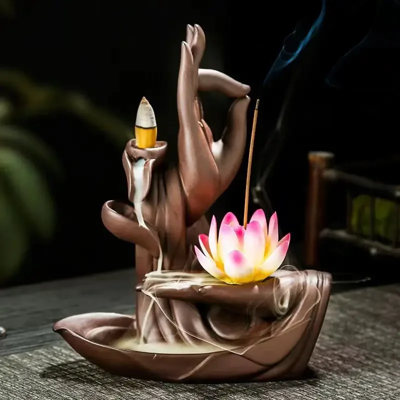 Lotus Hand Yixing Clay Backflow Burner Zen Lotus Sculpture Premium Agarwood Stand Dual Scent Decor Meditation Corner Focal Art
