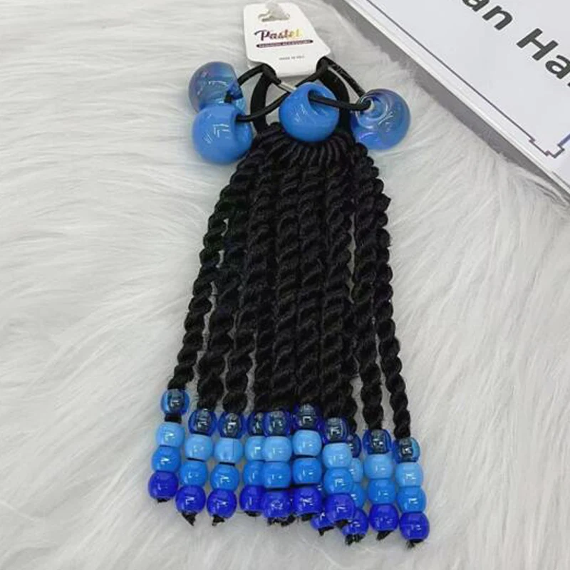 new arrival kids braided elastic ponytails with 30mm bobbles box braid blue green white beads with colorful bow tie