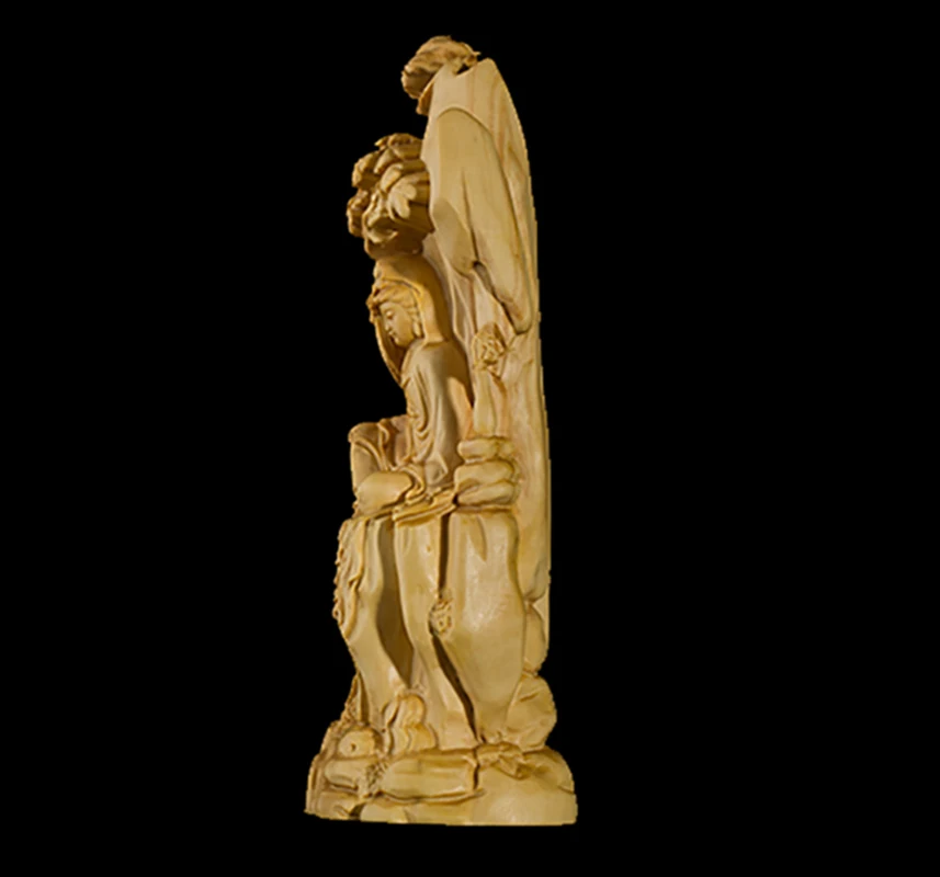 XS233-16CM Hand Carved Boxwood Carving Figurine Buddha Statue Home Decor -Guanyin Feng Shui Sculpture