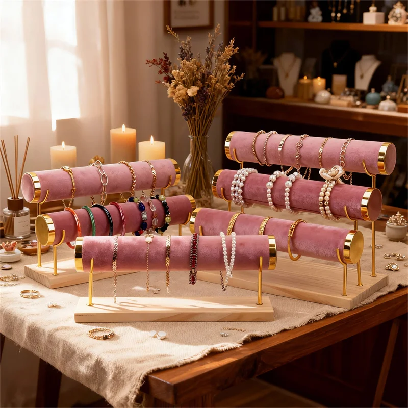 Pink Velvet Wooden Metal Bracelet Display Stand Step Crystal Bracelet Showcase Jewelry Accessory Display Holder