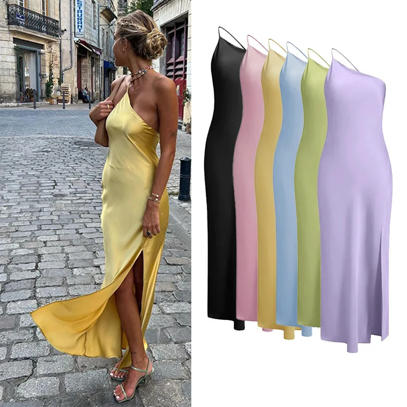 

2025 Summer New Fashion Backless Suspender Holiday Party Vest Satin Sexy Slim Off-shoulder Solid Color Slit Casual Long Skirt