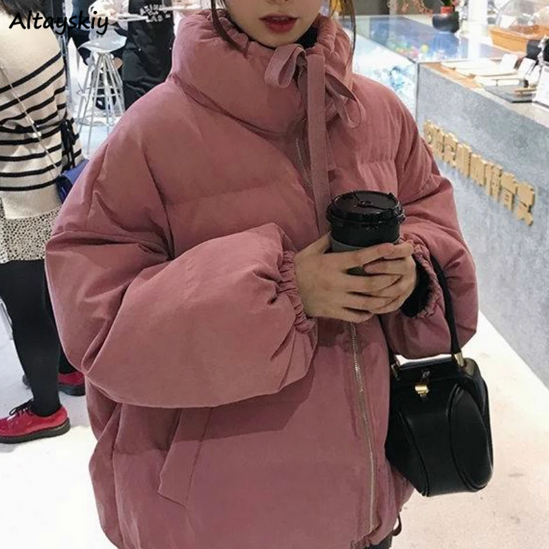 Chaqueta gruesa de cuello de tortuga para mujer, Parkas elegantes con lazos, Rosa dulce, Ulzzang, cordones, combina con todo, informal y acogedor,