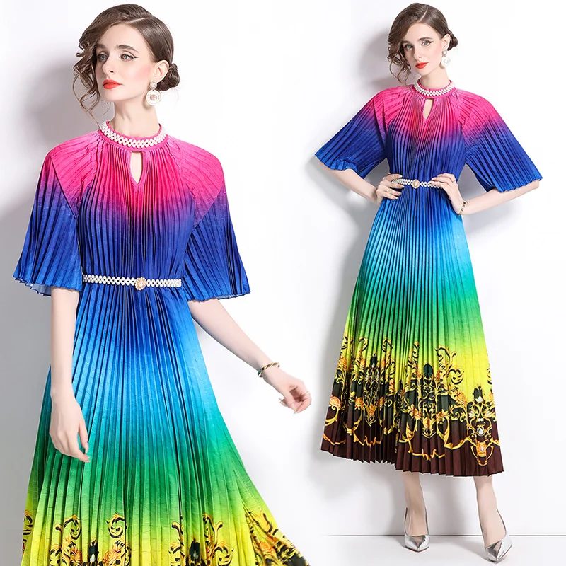 Miyake 2024 High-end Bead Positioning Printing Pleated Pearl Buckle Pleated Dress  Robe Manches Chauve Souris Femme