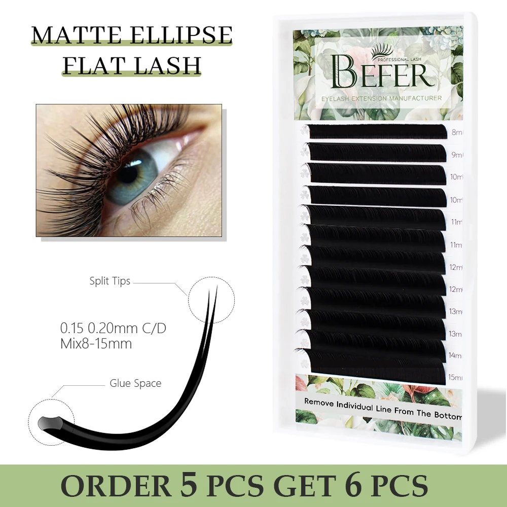 Befer Matte Ellipse Flat Lashes Extension Split-Tips Individual False Eyelash Mix8-15 Soft Ellipse Wires Professionals Supplies