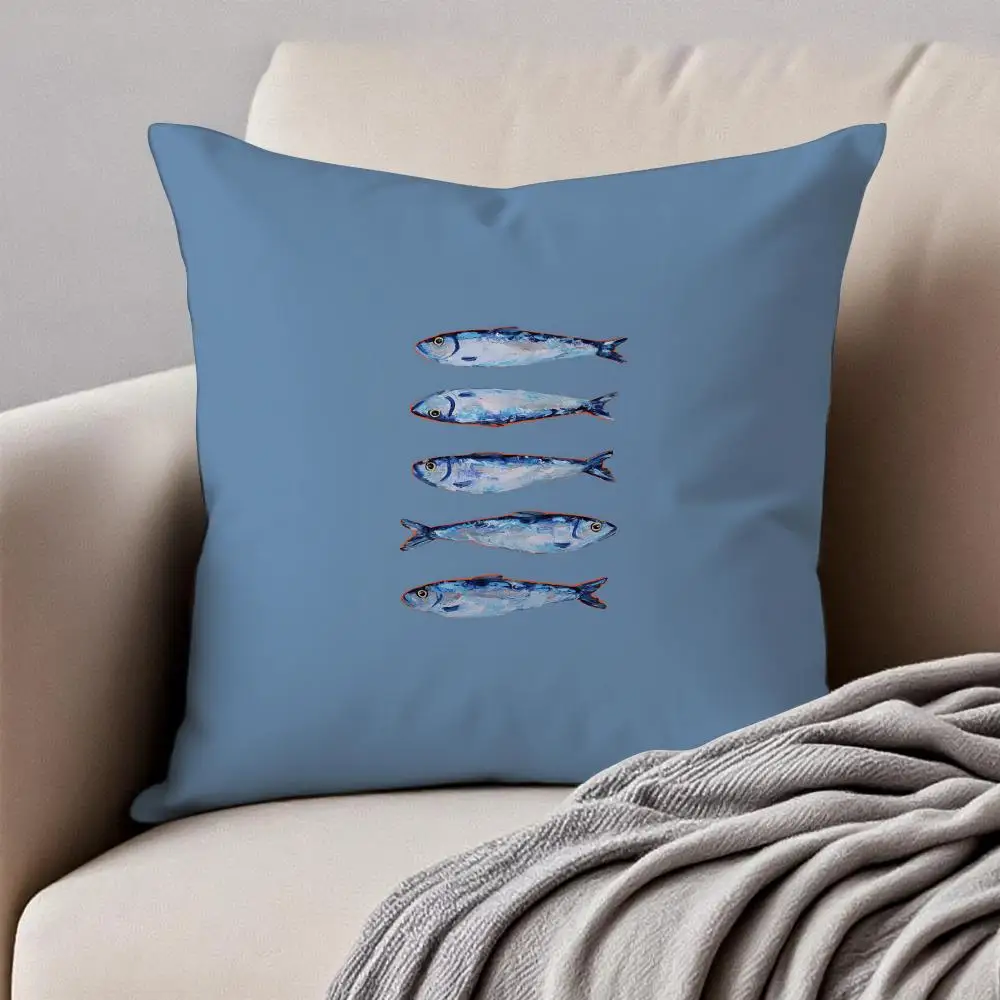 Cute Coastal Charm Sardines Art Design Cushion Cover Pillowcase Anti-dustmite Invisible Zipper Short Plush Sofa Cushion - view 5