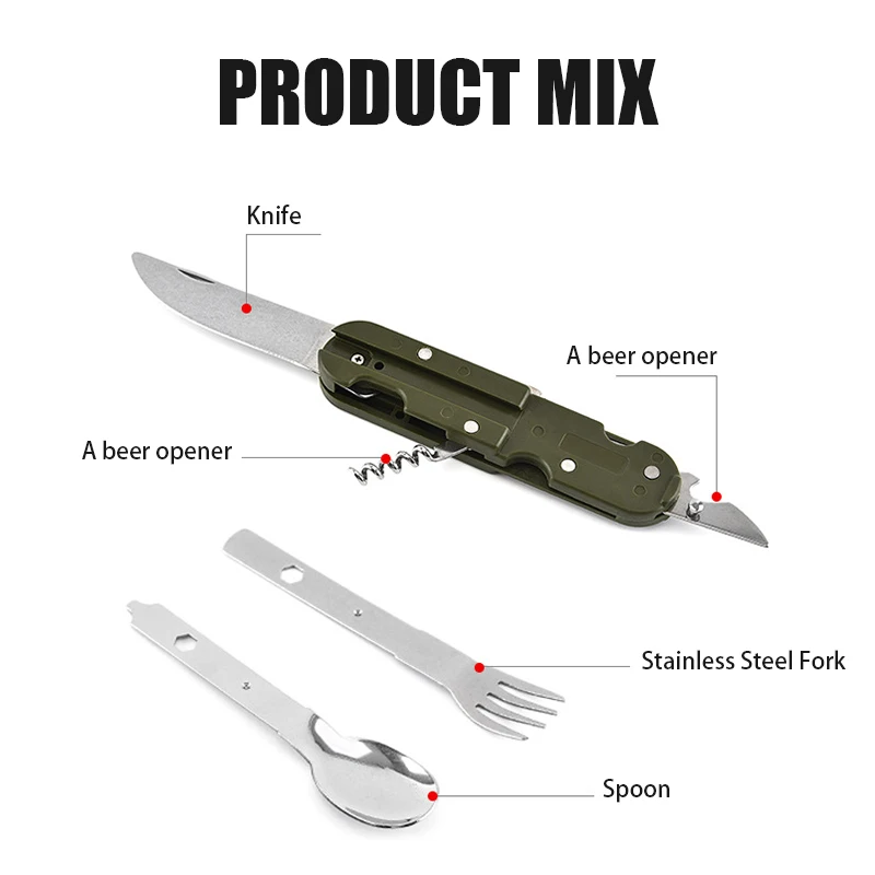 Cuchillo de Picnic plegable para acampada, cuchillo portátil de acero inoxidable, tenedor verde militar, cuchara, abrebotellas, vajilla, Kit de viaje