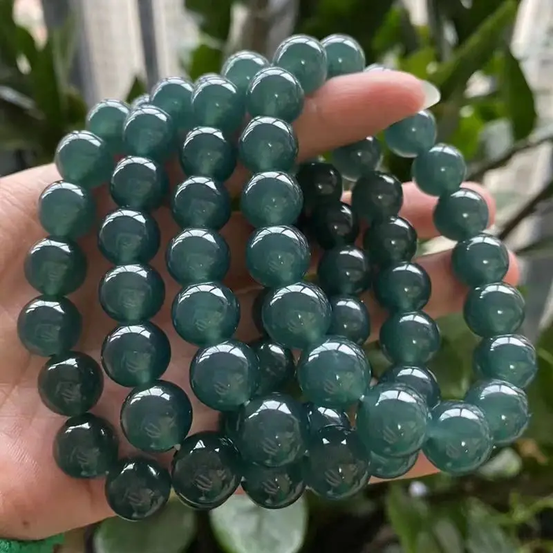 Natural a cargo dark green beads transparent blue water jewelry jade bracelet 12mm single price