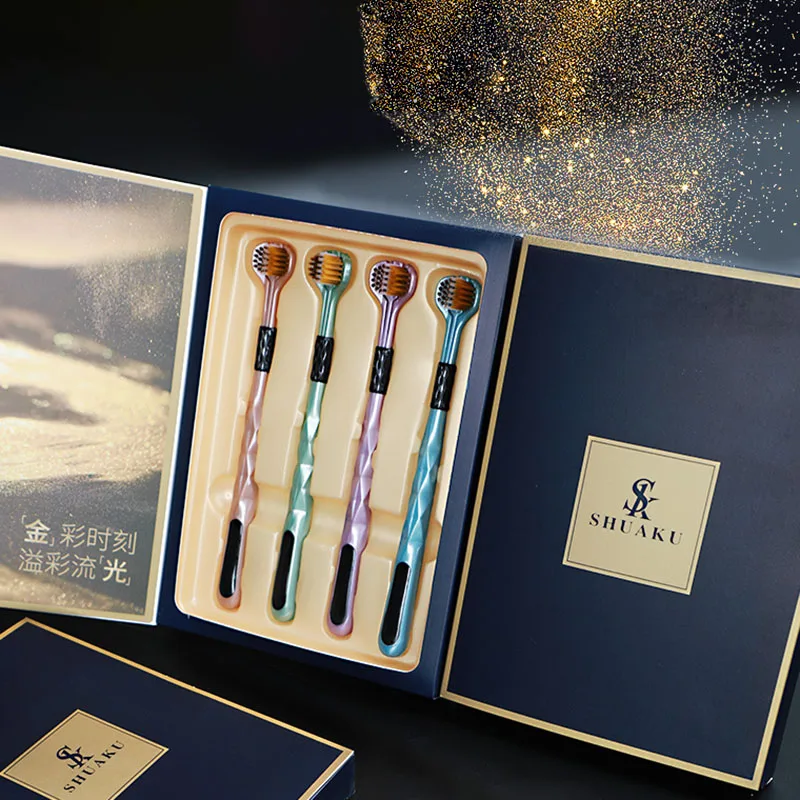 4PCS Adults Orthodontic Three Sided toothbrush Soft Bristles Family Gift Box Set Tongue Coating Cleaning Three Head Toothbrush
