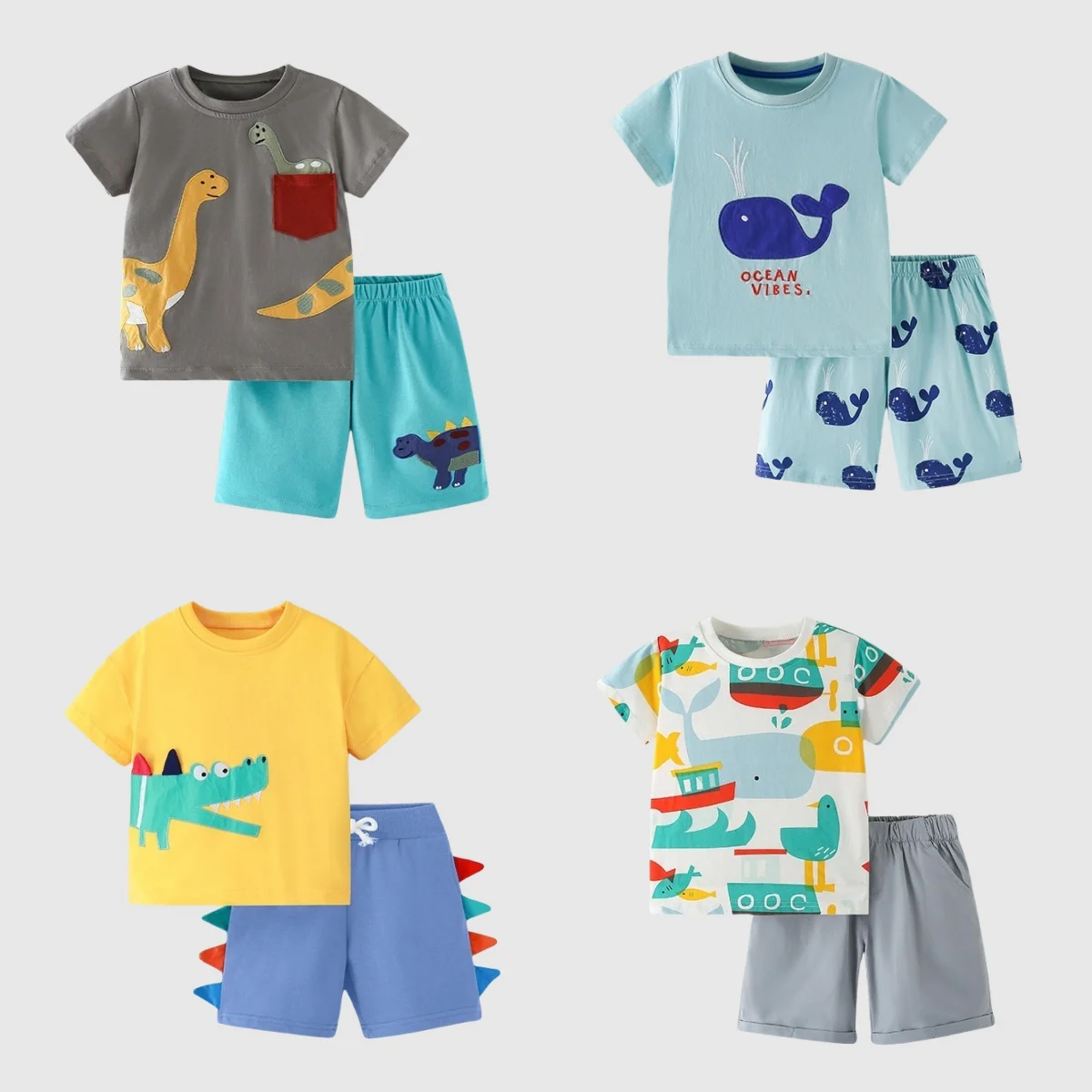 

2025 Summer New 2 3 4 6 8 10 12 Years Children Short Sleeve Cotton Cartoon Animal Dinosaur Handsome Kids Boy T-Shirt Shorts Set