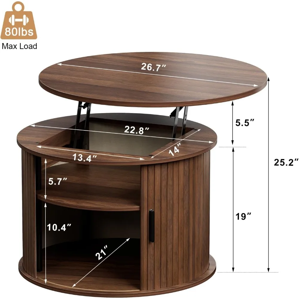 طاولة قهوة ذات رفع دائري، طاولة قهوة خشبية مخفية مع مساحة تخزين مخفية وأرفف مفتوحة، مع غطاء منزلق