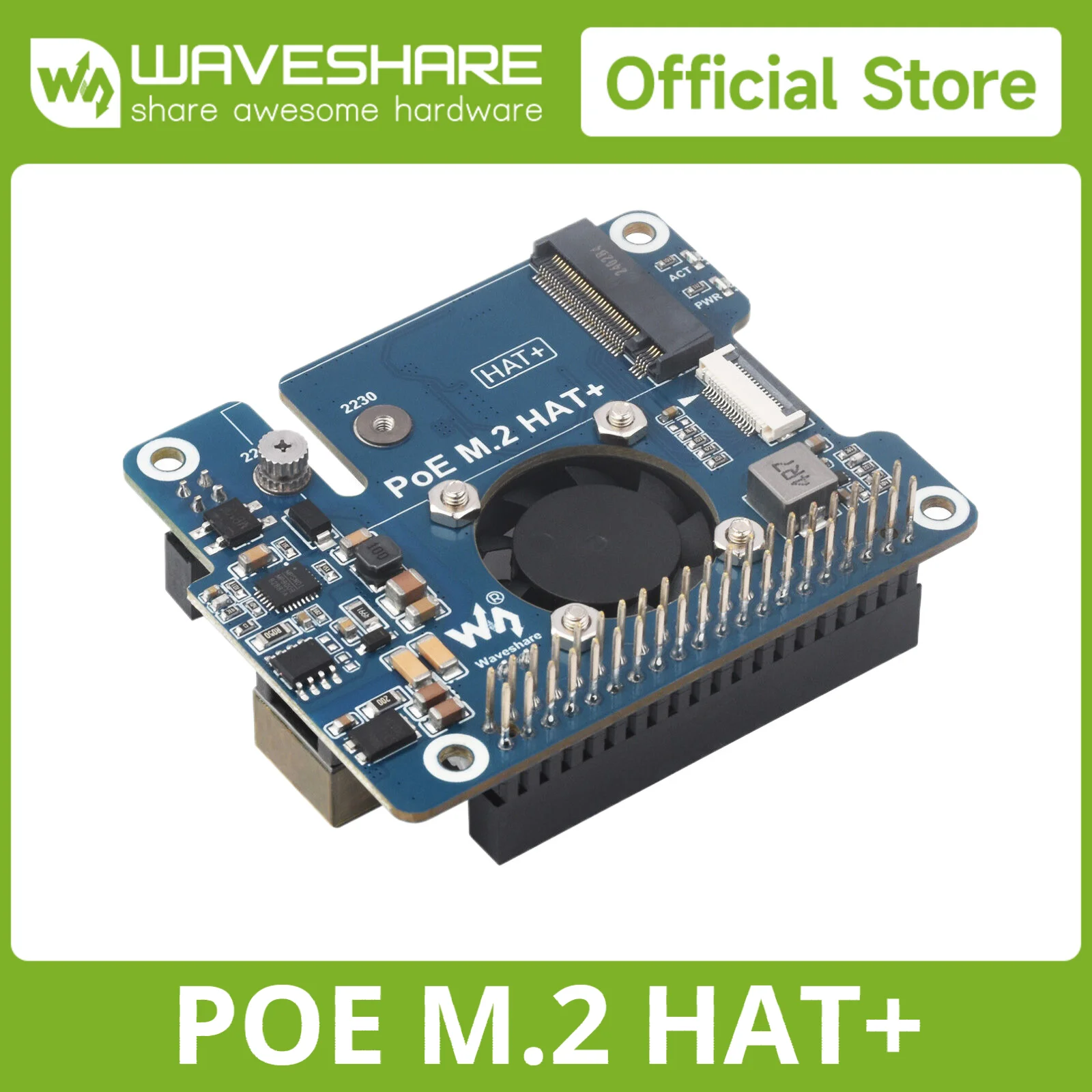 Waveshare PCIe To M.2 Adapter With PoE Function For Raspberry Pi 5, Supports NVMe Protocol M.2 Solid State Drive