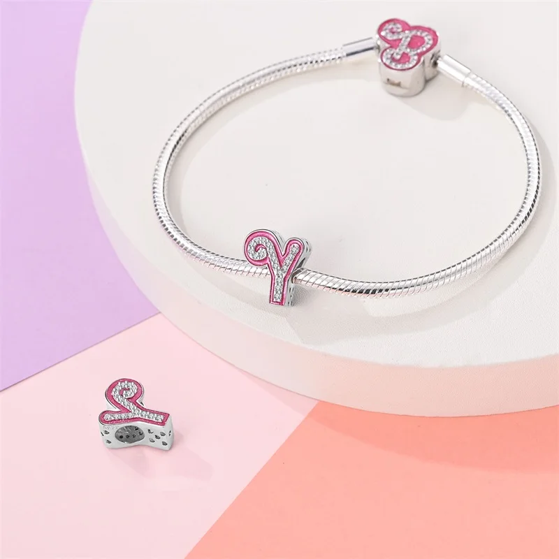 New 100% 925 Sterling Silver 26 Pink Princess Shiny Letter Charms Beads Fit Pandora 925 Original Bracelets DIY Birthday Jewelry