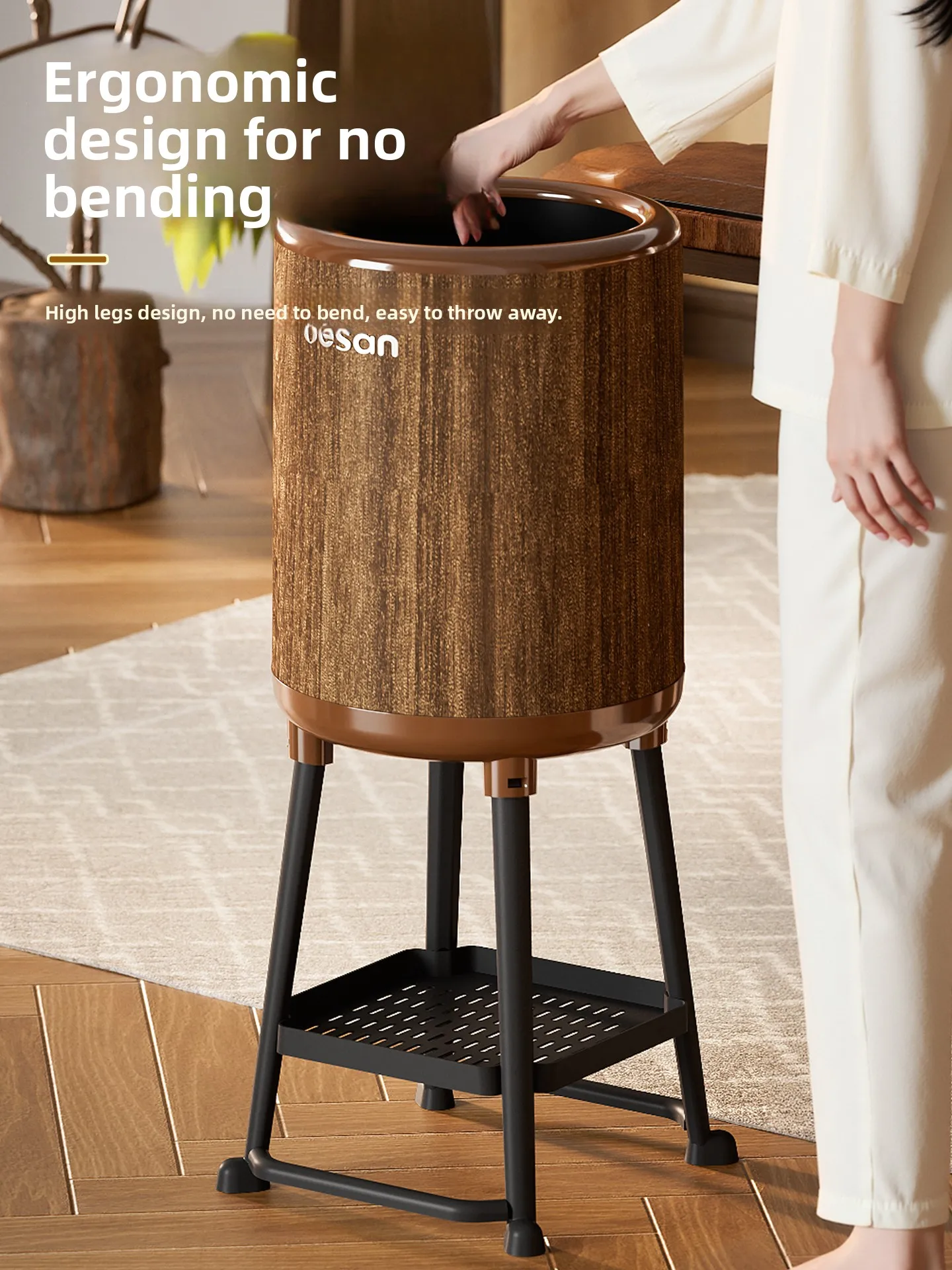 

Большое мусорное ведро для дома, модель 2025 года, с текстурой под дерево, для гостиной, класса люкс, на высоких ножках, круглое, не требующее наклона, для сбора отходов.