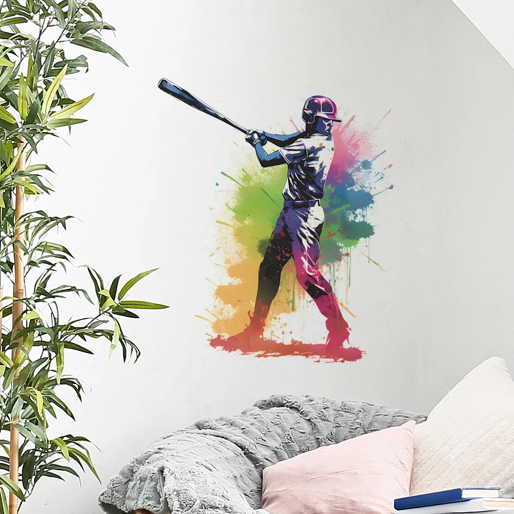 Sports Baseball Wall Decals, Vibrant Gradient Batter in Swing Pose Peel and Stick Stickers
