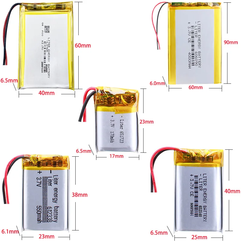 606090 4000mah 612338 550mah 651723 170mah 652540 800mah 654060 2000mah3.7V polymer lithium battery