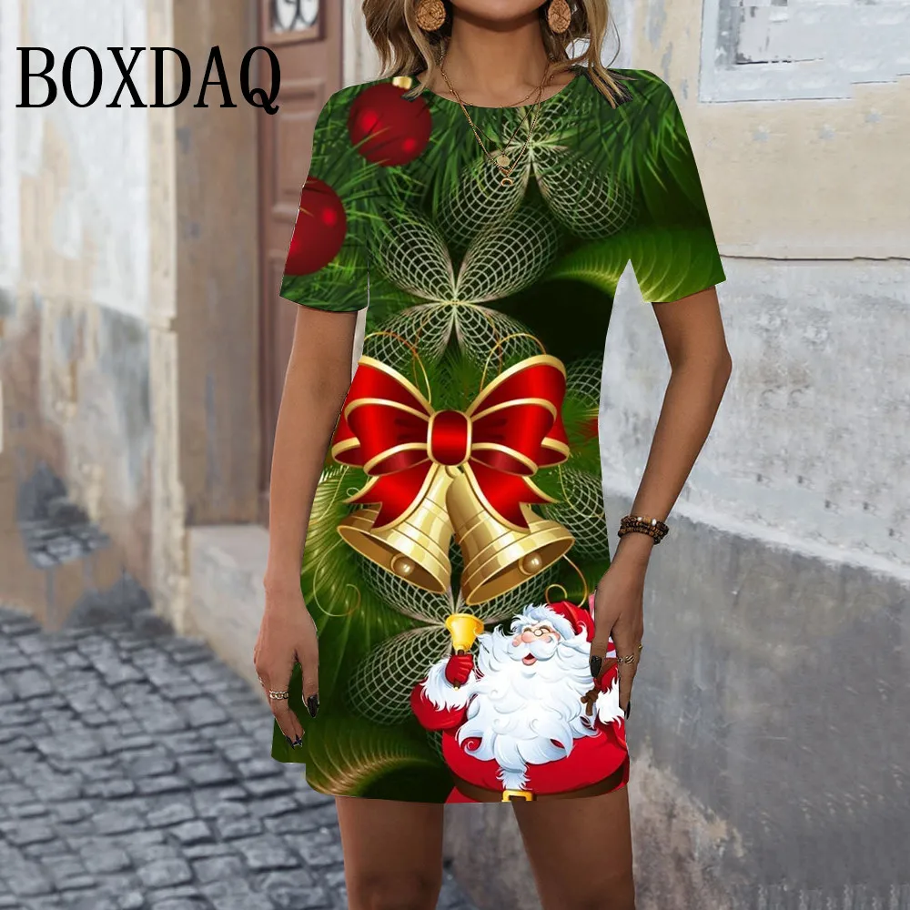 Dames Kerstkleding Winter Feest Kerst Hot Sale 3d Print Jurk Kerst Casual Korte Mouw Mode Losse A-Lijn Jurk