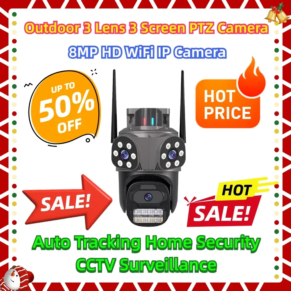 Outdoor 3 Lens 3 Screen PTZ Camera Auto Tracking Home Security CCTV Surveillance 8MP Cam 8MP HD WiFi IP Camera