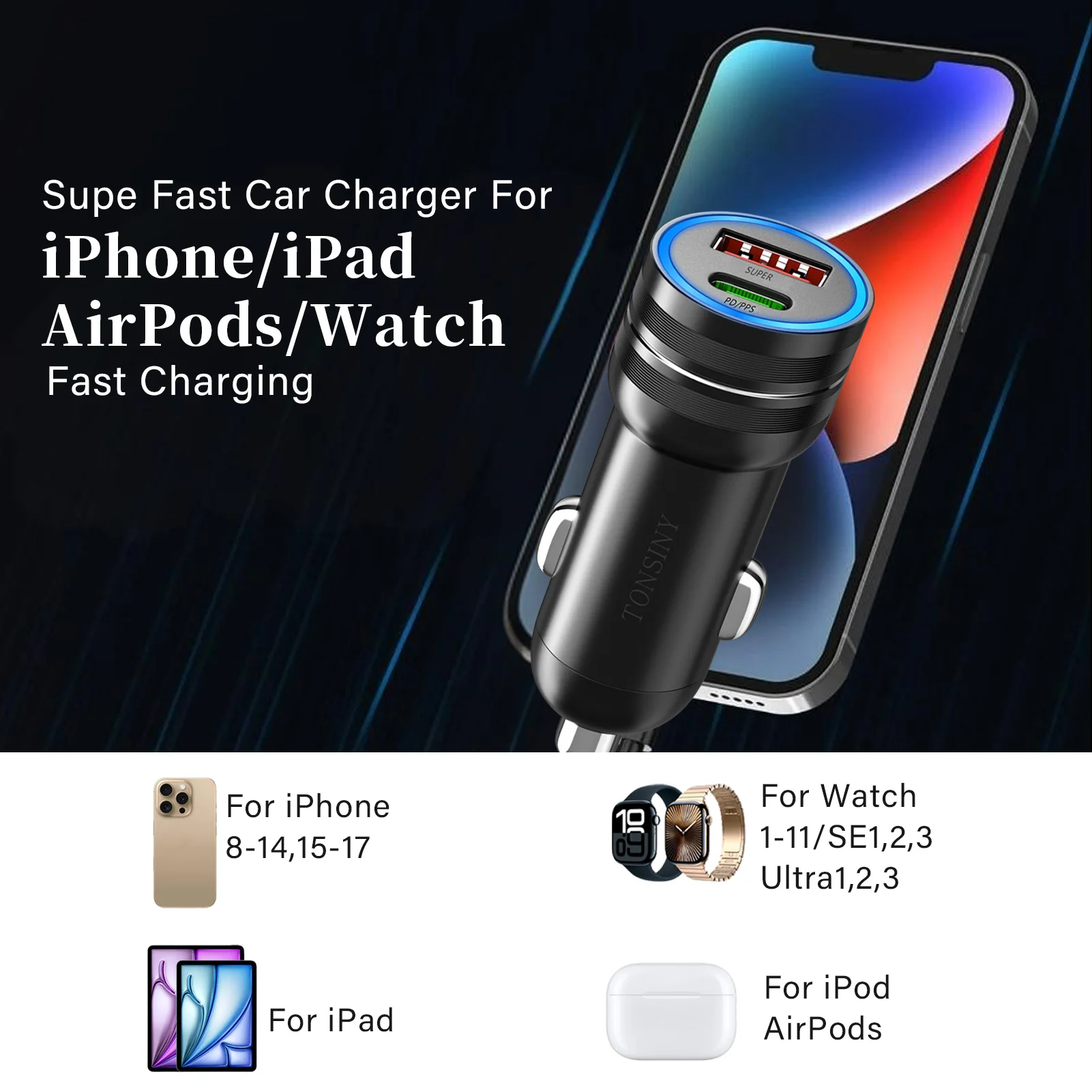 شاحن سيارة USB C لهاتف iPhone 17 16 15 iPad AirPods Watch 11 10 لهاتف سامسونج وشاومي جوجل اللوحي 2 منفذ ولاعة السجائر محول