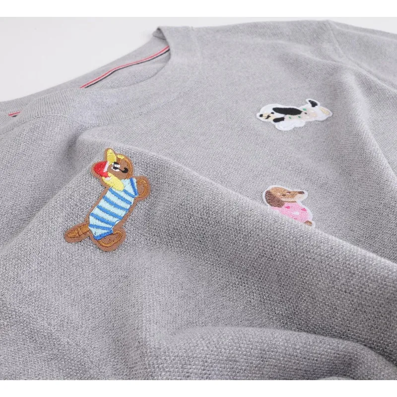 Summer Embroidered Cloth Patch Dog Women's Hoodie Fashion Knitted Short Sleeve Sweater Commuter Breathable Comfortable Top