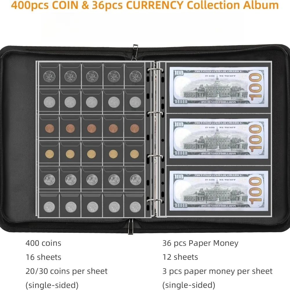 Portable Coin Collection Set Fire Resistant ProtectionTransparent Loose-leaf Philatelic Book Album with Zipper Protection Fire