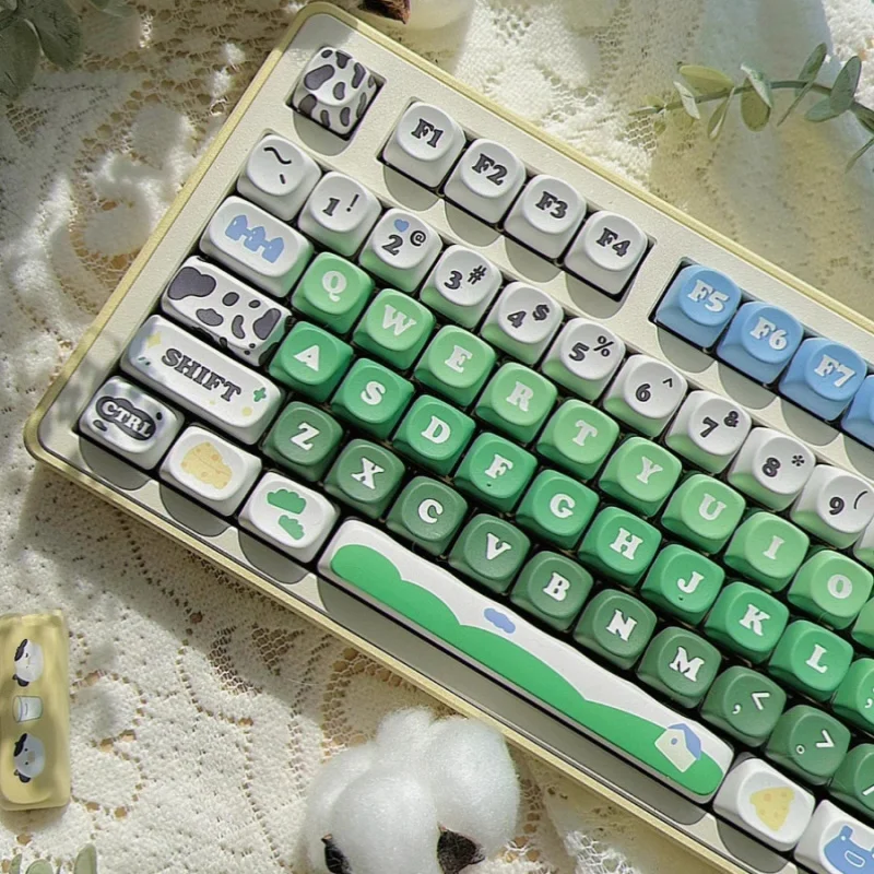 Cow Theme Custom Keycaps Set,130 Keys MOA Profile Dye Sub GMK Keycaps For MX Switches Mechanical Keyboard 60% 75% 80% 100%