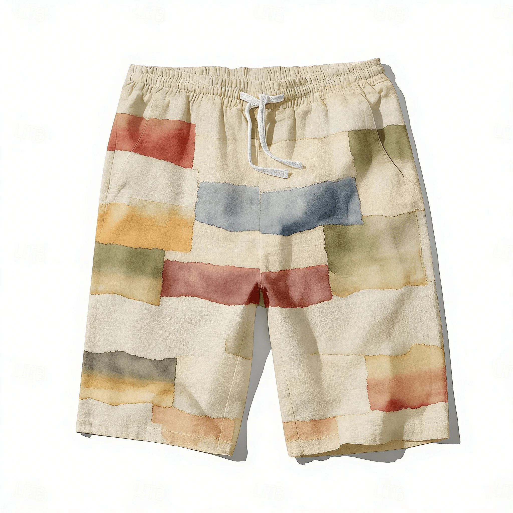 Men's Patchwork Color Block Drawstring Shorts, Spring Summer Pastoral Retro Casual Shorts, Loose Beach Shorts