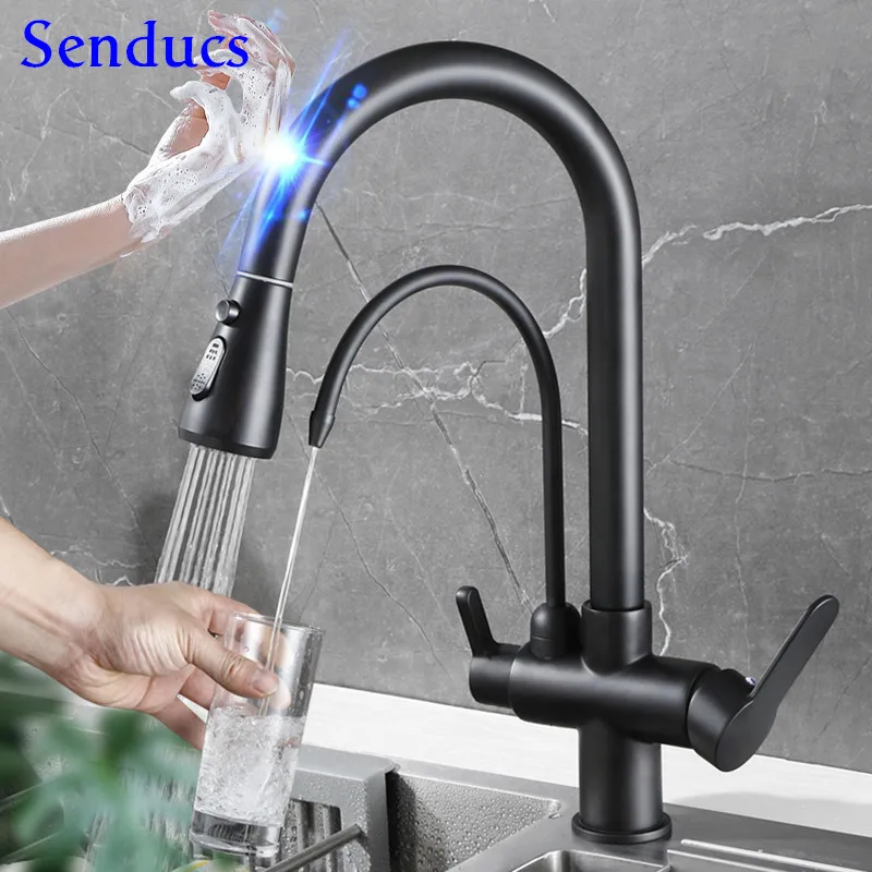 

Black Touch Filter Kitchen Faucet with Pull Down Sprayer 3 Ways Pull Out Kichen Faucets Brass Hot Cold Sensor Touch Kitchen Tap