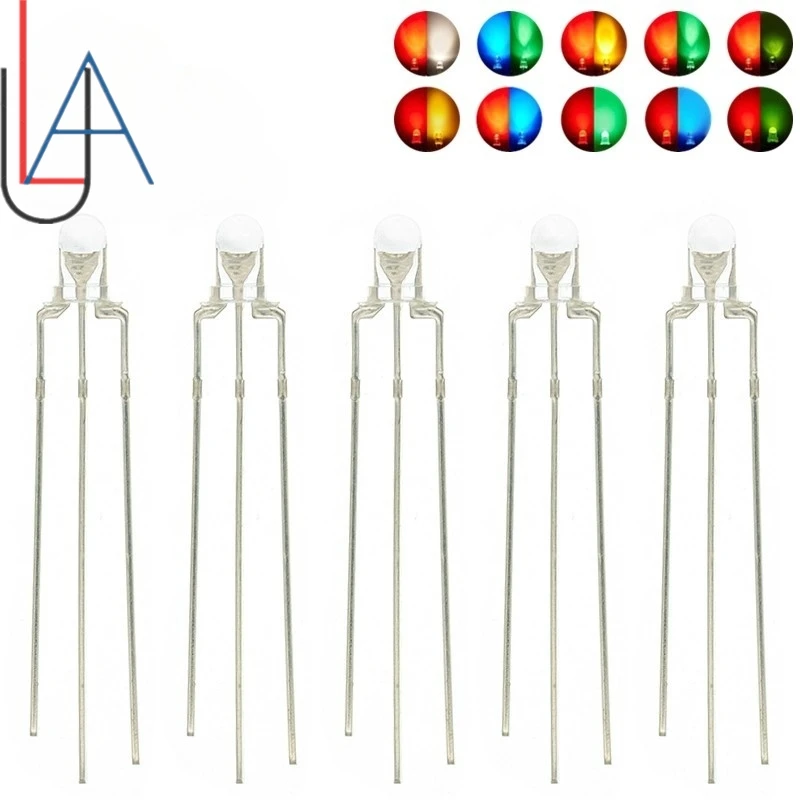LAUBEI 100PCS 3 มม.รอบเลนส์ 2 สี Anode/แคโทดทั่วไป LED สีแดงสีขาวสีฟ้าสีเหลืองสีเขียว Bi-สีไดโอด