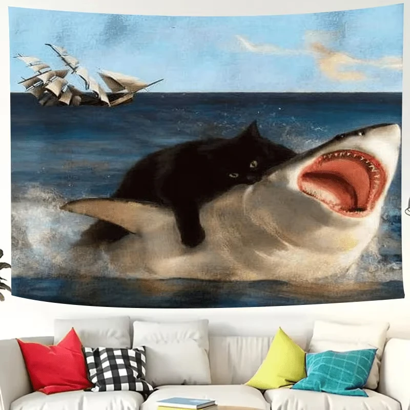Charming Black Cats & Shark Tapestry Wall Hanging Decor Polyester for Living Room Bedroom Dorm Perfect Gift for Couples