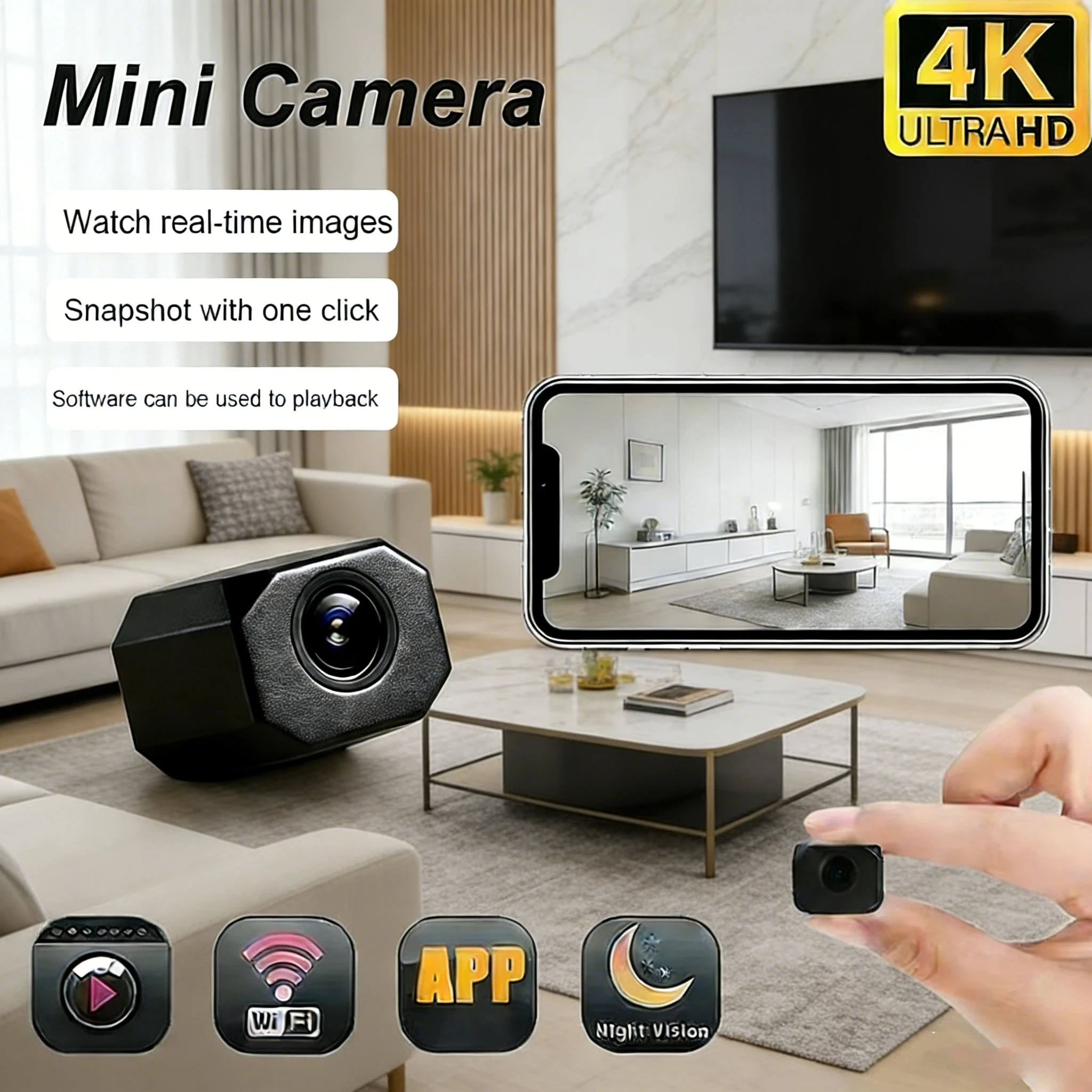 4K HD WiFi Mini Security Camera Wireless Smart Home Indoor Surveillance with APP Remote Monitoring Lightweight Portable Design