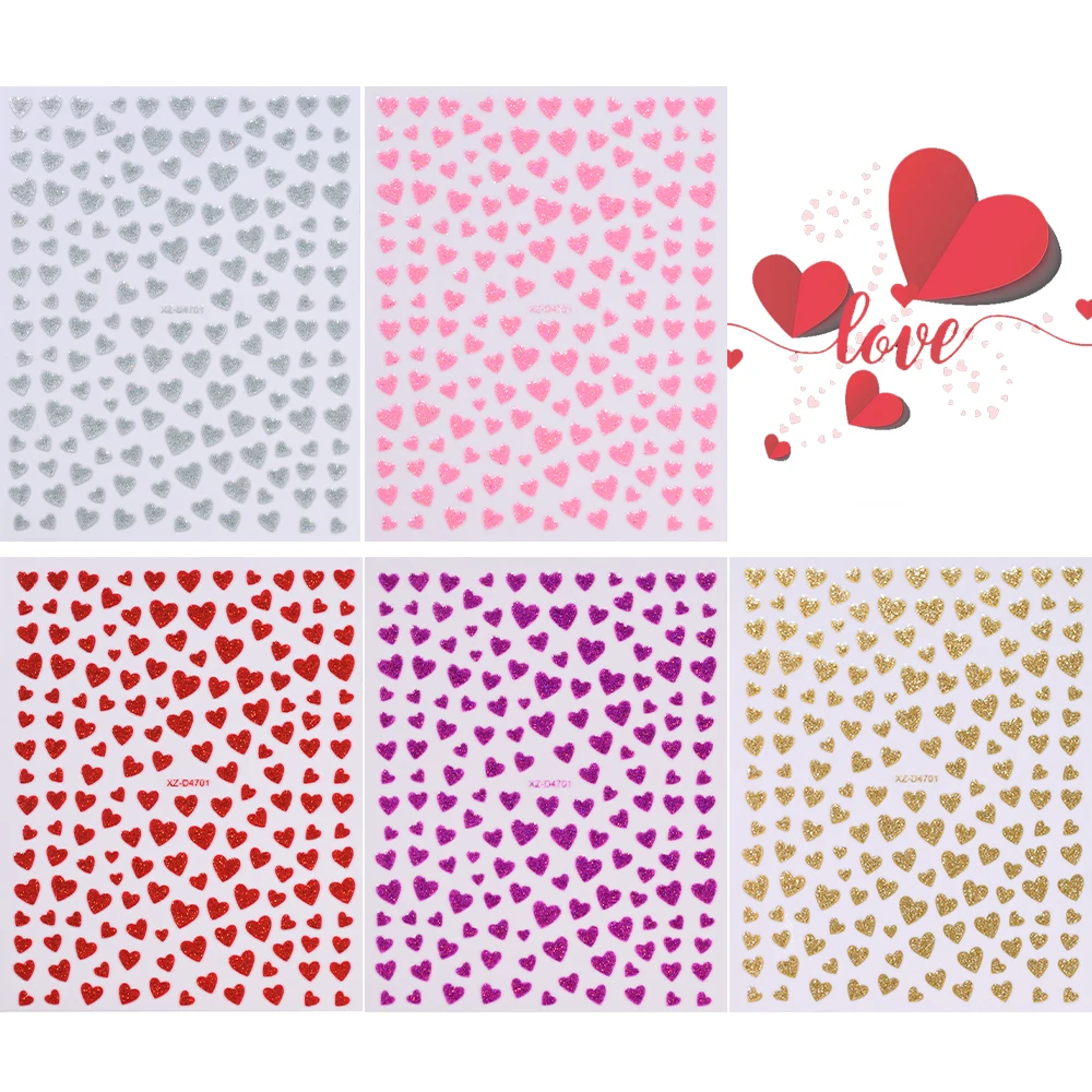 2/5개입 3D 금색 은색 하트 네일 아트 스티커 혼합 사이즈 반짝이는 글리터 미니 하트 접착 네일 데칼 매니큐어 용품 #