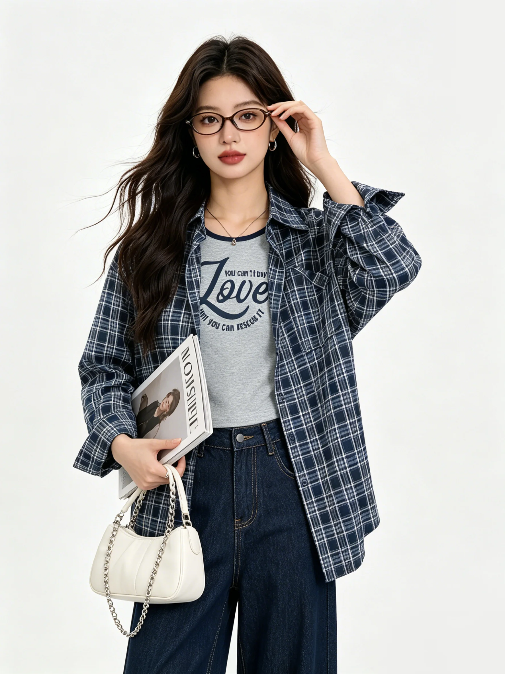 

Korean College Style Plaid Sun Protection Long Sleeve Shirt Women's Slim Fit Short Vest Summer Fashion Two-Piece Set Inner Wear