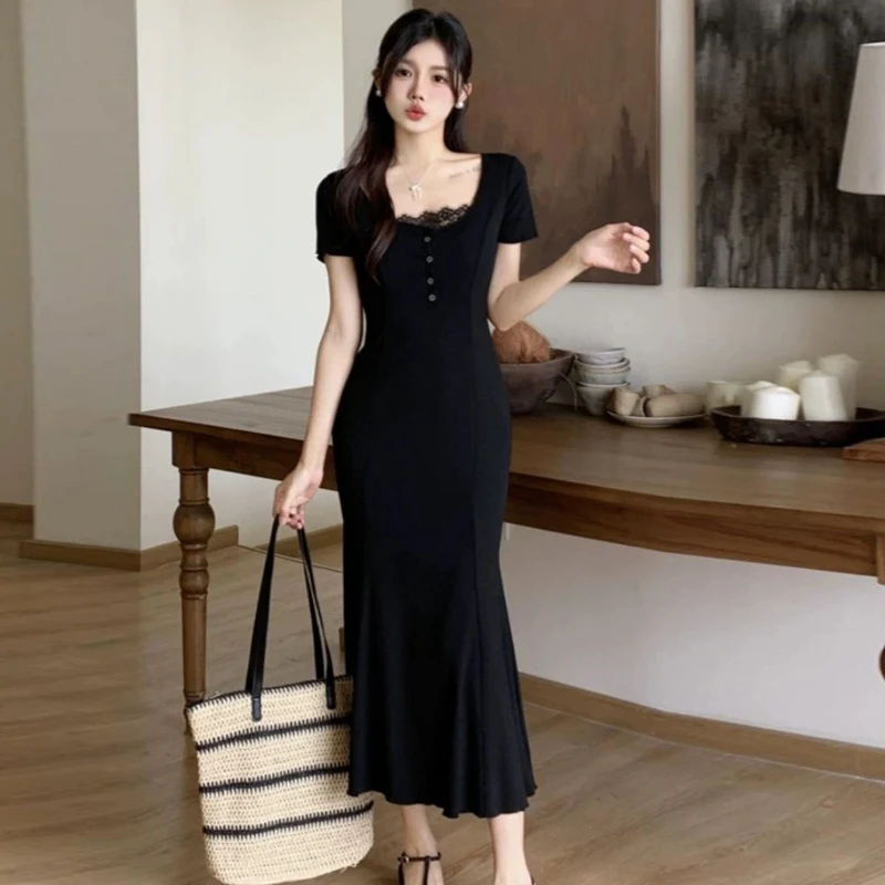 Robe longue d'été à manches courtes pour femmes, trompette, sirène, enveloppée de fesses, coupe cintrée et amincissante, tempérament élégant, 2025