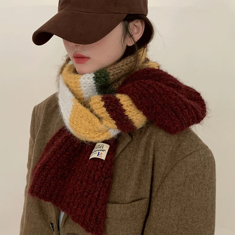 Luxury Scarf Man women Winter Warm Wool knitted Scarf Women\'s Fashion Colour Blocking Striped Thick Warm Scarf Shawl Wrap