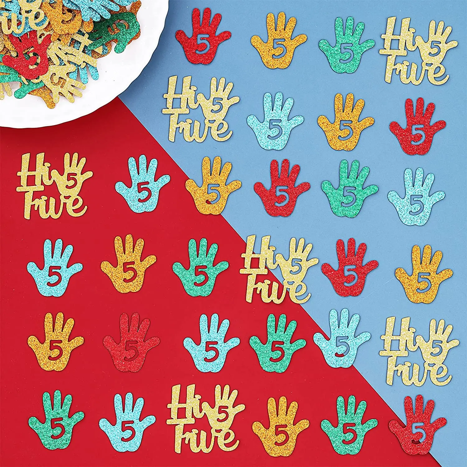 Hi Five Birthday Party Decorations for 5th Boy Glitter Confetti Table Scatter Hand Sticker per bomboniere per feste di compleanno di 5 anni