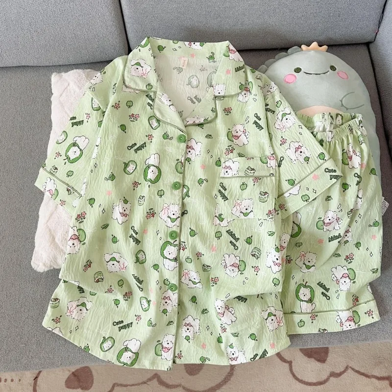 Summer Cute Cartoon Dog Women's Sleepwear Set Y2K Home Clothes Two Piece Set Thin Sweet Casual Short Sleeve Shorts