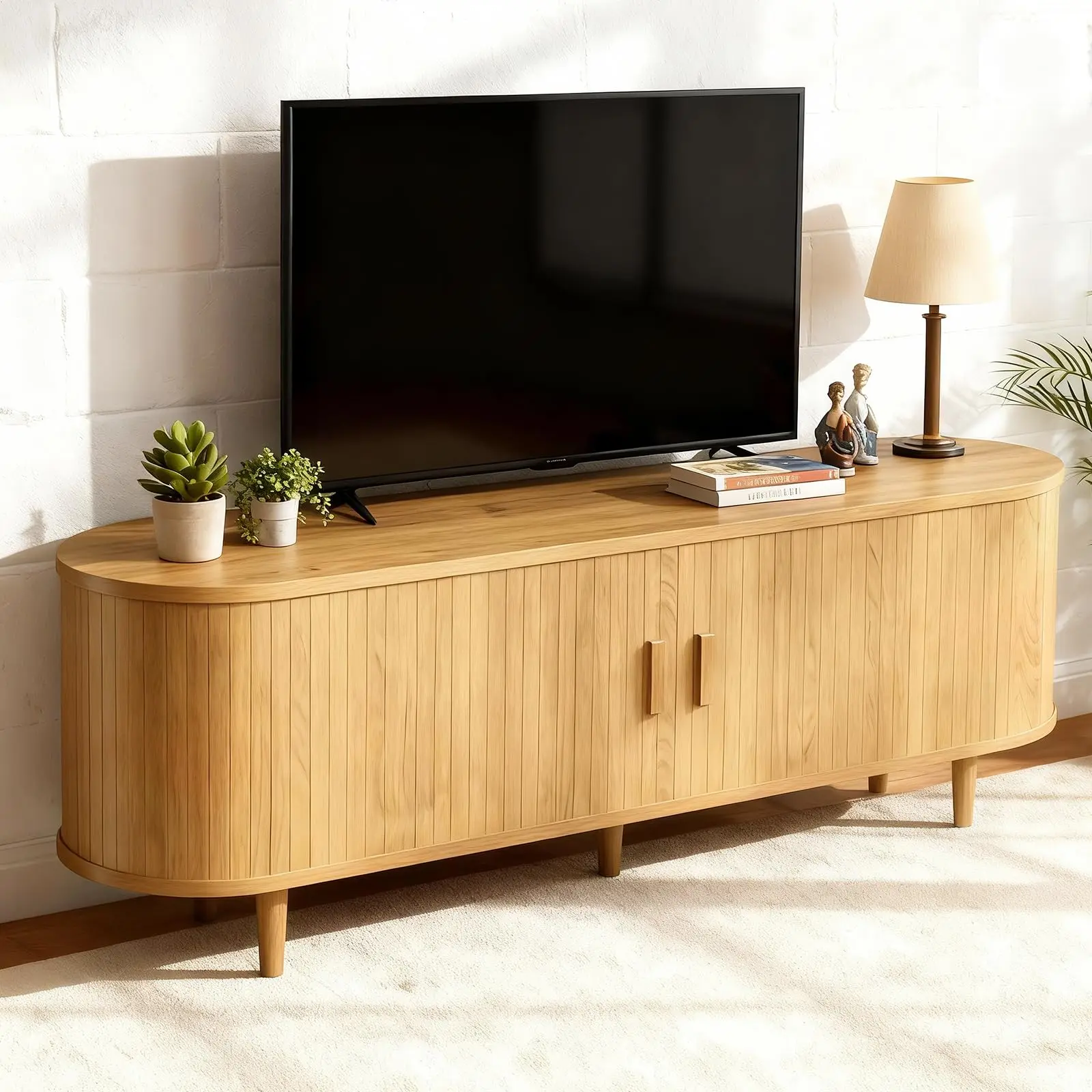 

70 Inch Mid Century Modern TV Stand With Sliding Doors And Adjustable Shelves