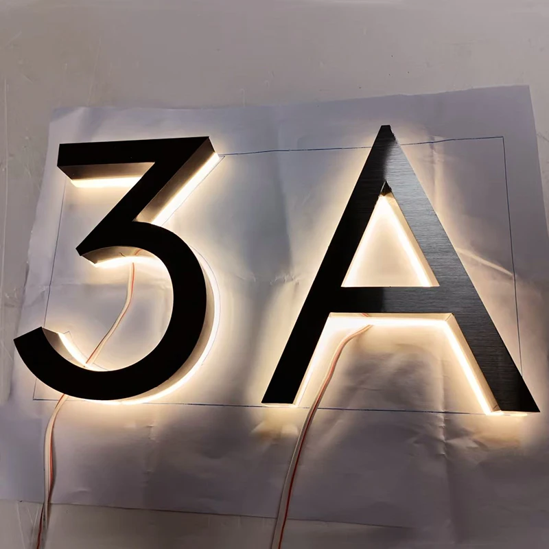 Metal 3D LED House Number Light Outdoor Stainless Steel Lighted Letter Sign Logo Address Plaque Home Hotel Door Plate Waterproof