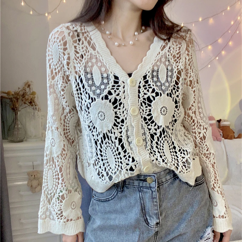 Girls Kawaii Chiffon Stitching Hollow Out Jacquard Weave Button Up Lace Blouse Women New Fashion Casual Vintage Cute Tops Female