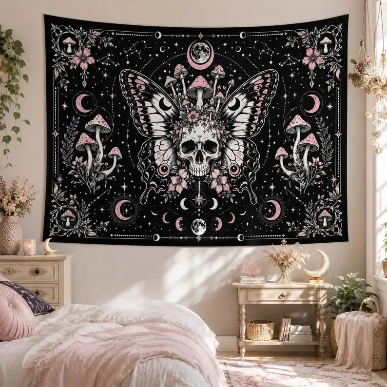 Pink Moth Head Skull Tapestry Gothic Mushroom Starry Sky Moon Phase Decoration Witch Style Flower Art Dark Bohemian Style