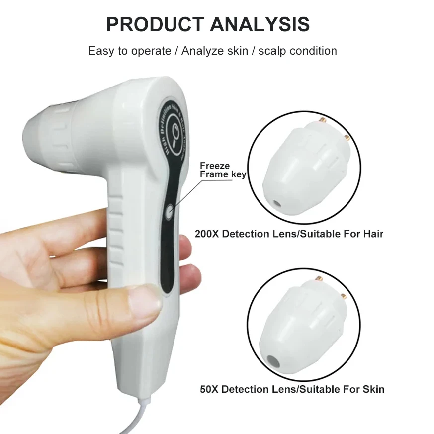 Máquina analisadora de 7 polegadas, detector de couro cabeludo, detector de folicos, display HD, analisador de pele profissional 50X/200X, lupa de pele