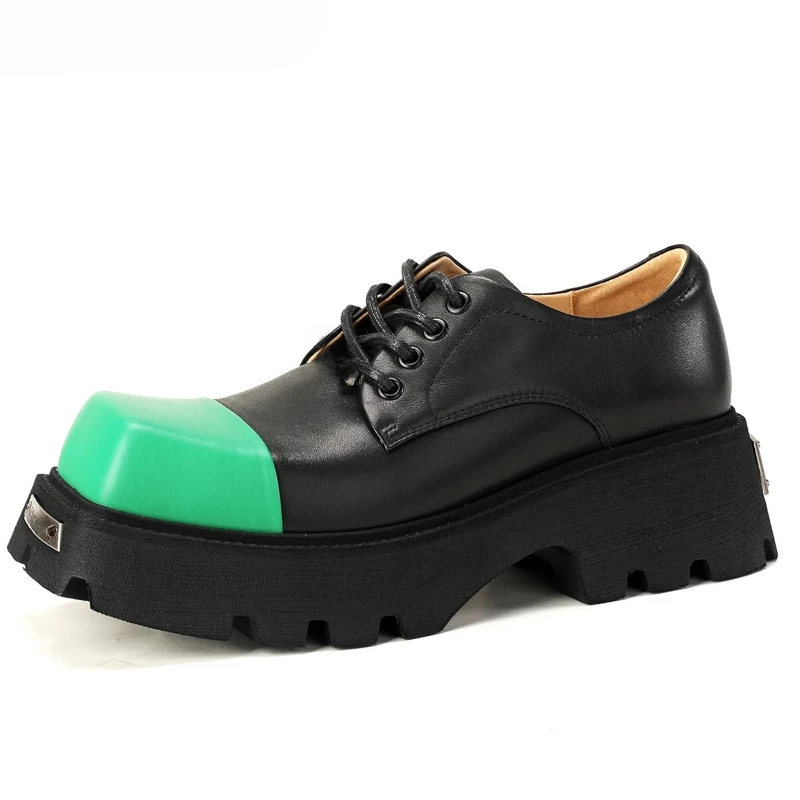 

Genuine Leather Black Green Color Matching Design Square Toe Derby Shoes for Men's Casual Thick Platform Height Increasing Shoes
