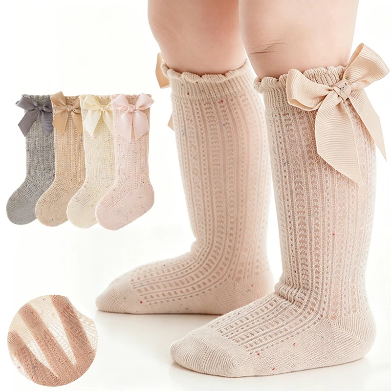 

4 Pairs Cute Bow Knit Baby Girl Socks Lightweight Breathable Girls Socks Priness Bow Sock For Baby Girls Daily Summer