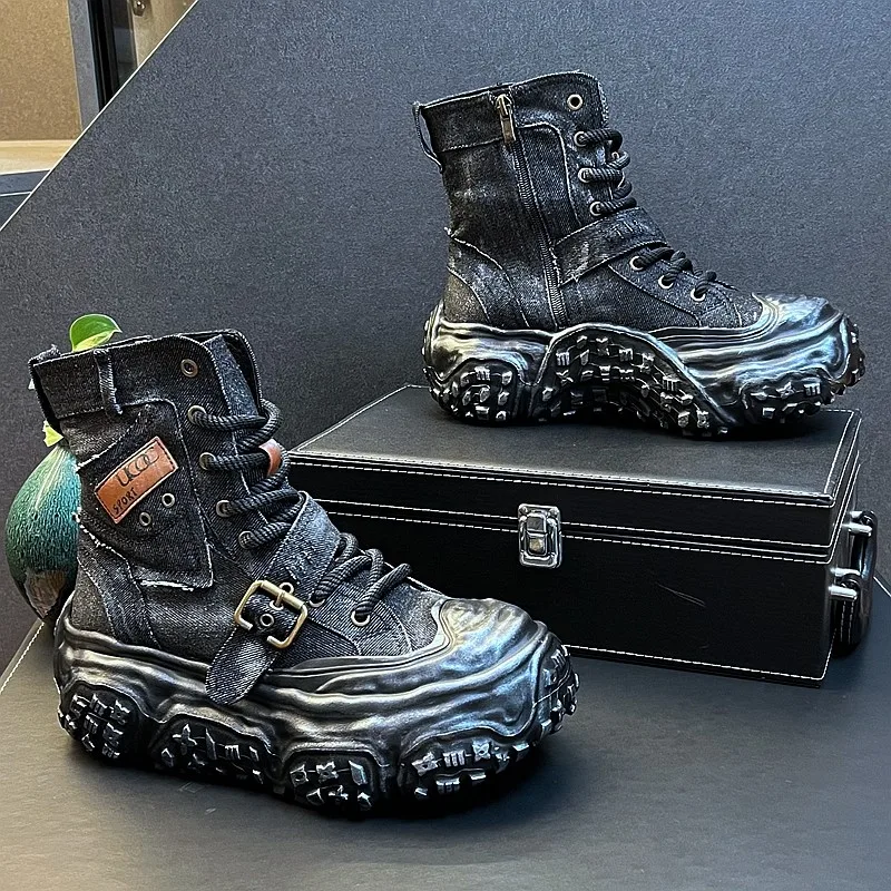 

Новое поступление, мужские модные повседневные джинсовые ботильоны, весенне-осенние роскошные дизайнерские молодежные трендовые кроссовки в уличном стиле на толстой подошве