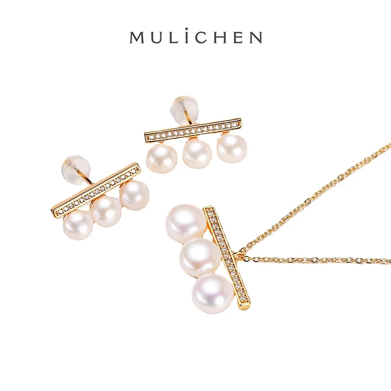 

MULICHEN Freshwater Pearl 2 Set of Anniversary Gift Women Necklace Stud Earrings S925 Silver Needle Jewelry Plated With 14K Gold