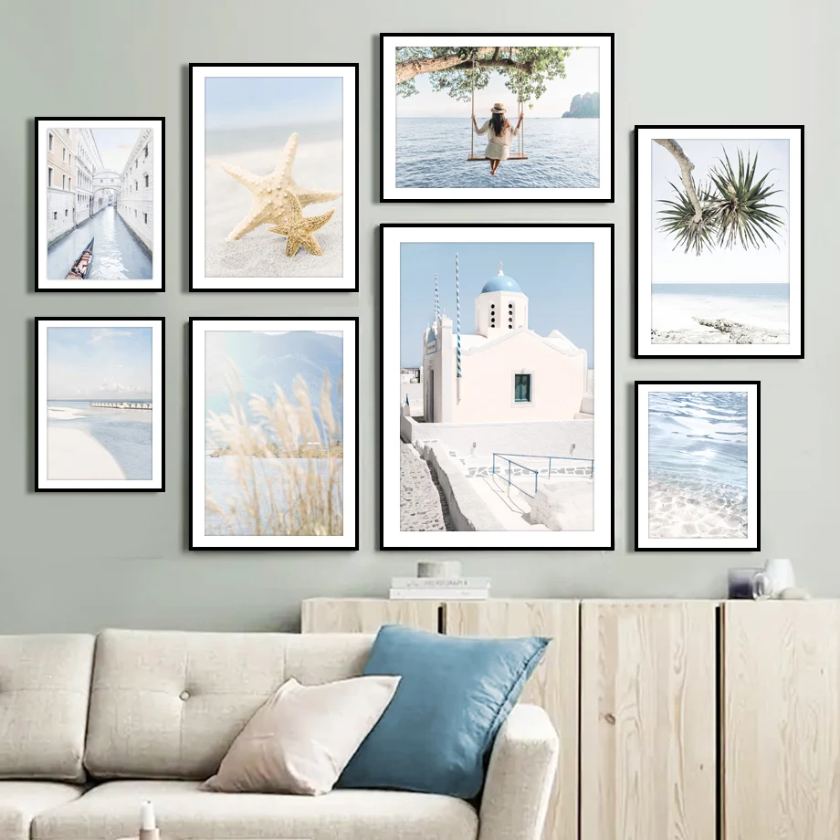 Wall Art Canvas Painting Light Blue Santorini Beach Ocean Surf Boat Swing Posters and Prints Wall Pictures for Living Room Decor