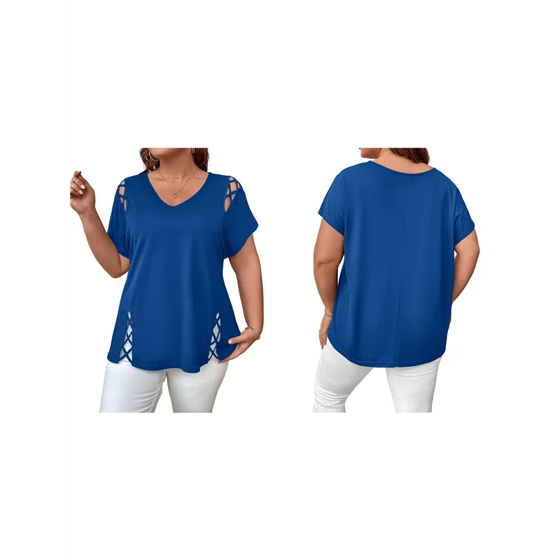 CYL-Tops túnica femininos de manga curta cortados com decote em V elegantes casuais soltos tops longos